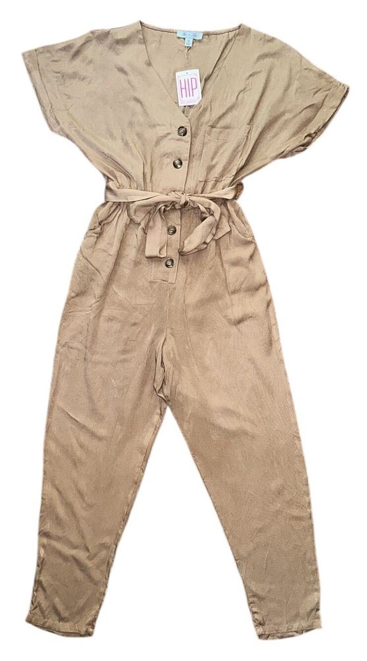 NWT She + Sky Short Sleeve Button Down Belted Taupe Jumpsuit Small